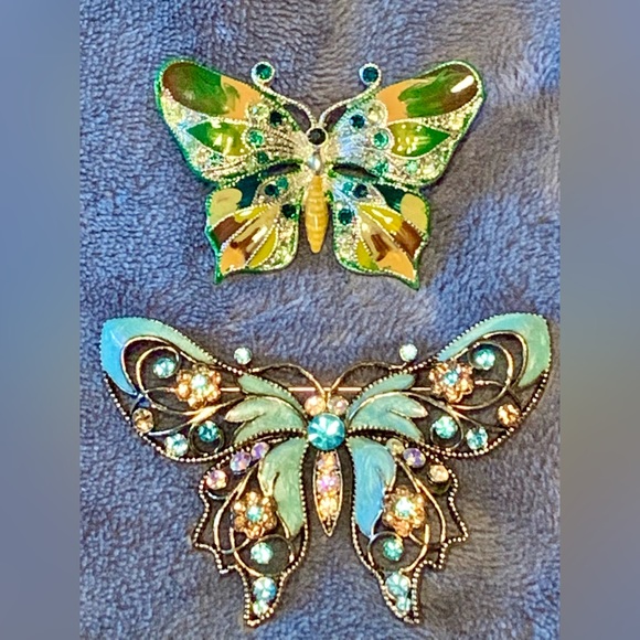 Vintage lot of 2 Butterfly pins brooch Avon light blue green yellow sparkle - Picture 1 of 16